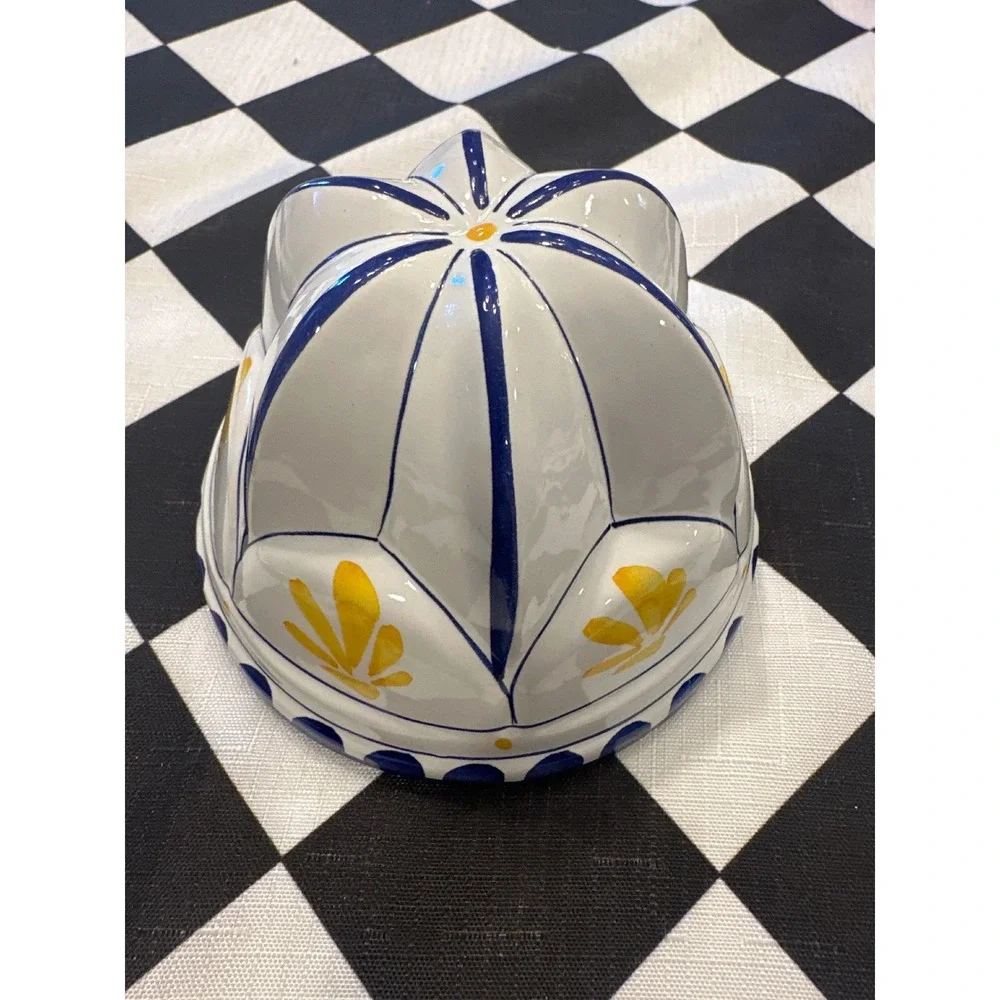 Vintage Ceramic ABC Fluted Cake Mold Dome Pan Blue Yellow Floral Kitchenware 4